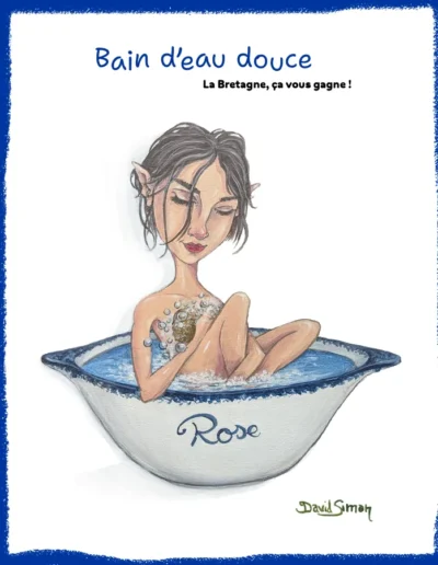 Peinture d'une jeune femme se baignant dans un bol breton avec Rose comme inscription