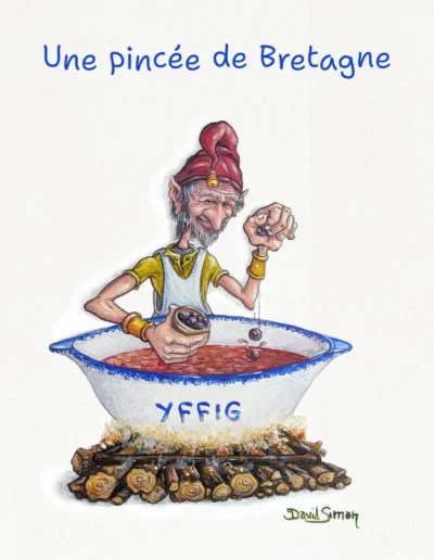 Peinture sur panneau de bois d'un pépé faisant la cuisine dans un bol breton